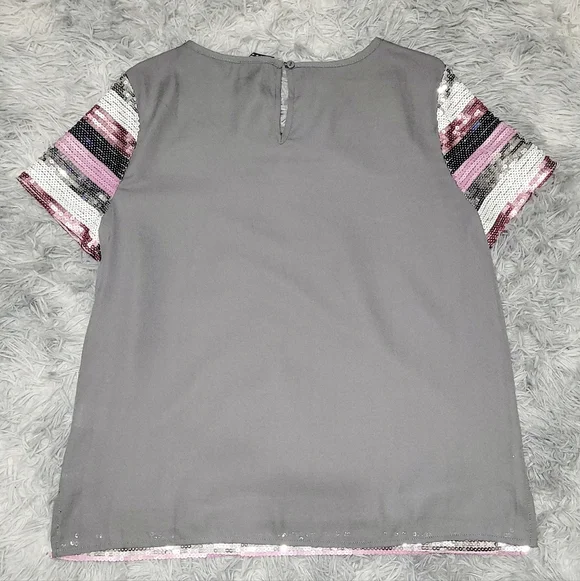 New York and Company Pink & Silver Striped Sequin Short-Sleeve Blouse, Medium - Picture 2 of 5